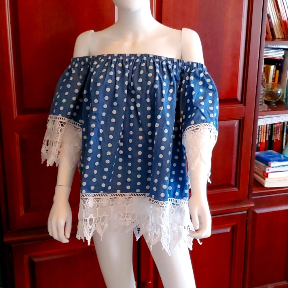 Polka dot denim lace shirt